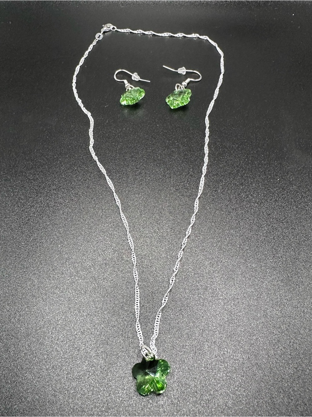 Handmade Green Crystal Flower Necklace & Earrings Set 18” Gift for Her